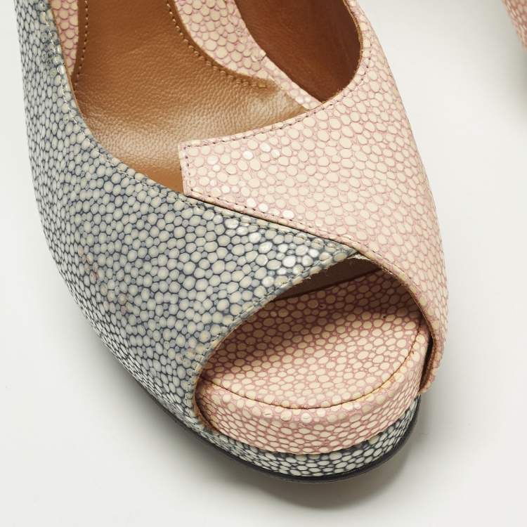 Pre Owned Fendi Fendista Size 38 Grey/Pink Stingray Leather Peep Toe Pumps