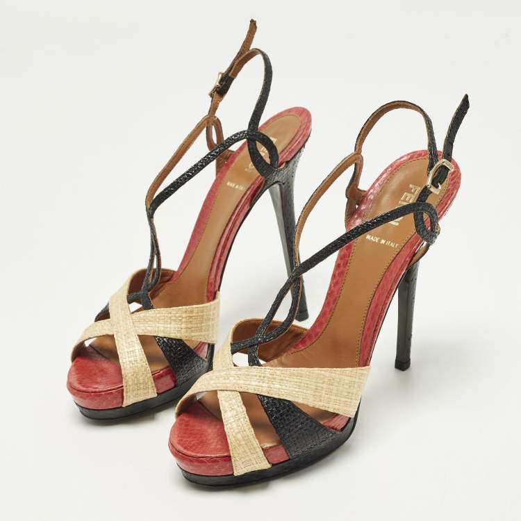 Pre Owned  Fendi Size 38 Tri Color Raffia and Python Platform Slingback Sandals