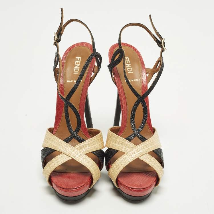Pre Owned  Fendi Size 38 Tri Color Raffia and Python Platform Slingback Sandals