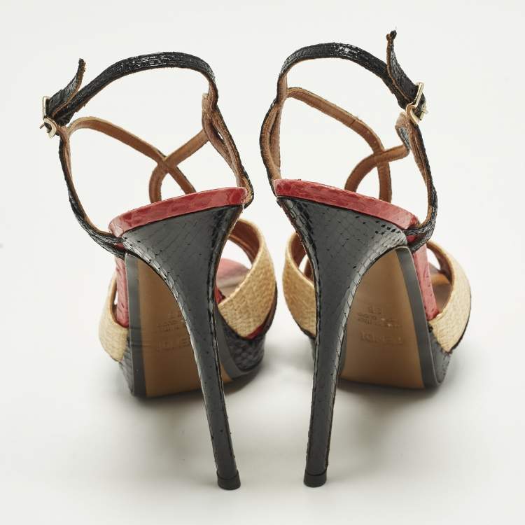 Pre Owned  Fendi Size 38 Tri Color Raffia and Python Platform Slingback Sandals