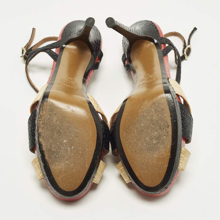Pre Owned  Fendi Size 38 Tri Color Raffia and Python Platform Slingback Sandals