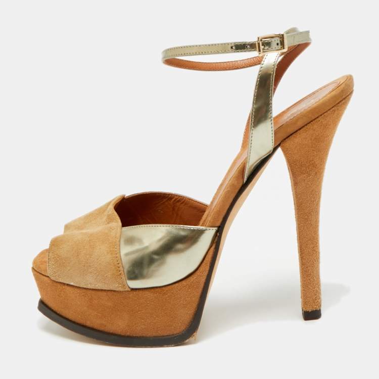 مملوكة مسبقًا Fendi Fendista Size 38 Brown/Gold Leather and Suede Ankle Strap Sandals