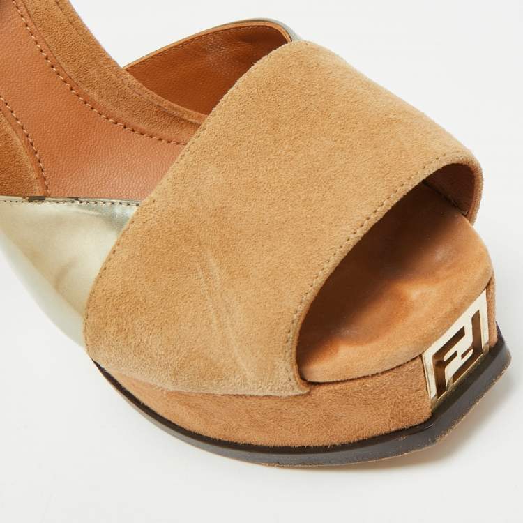 مملوكة مسبقًا Fendi Fendista Size 38 Brown/Gold Leather and Suede Ankle Strap Sandals