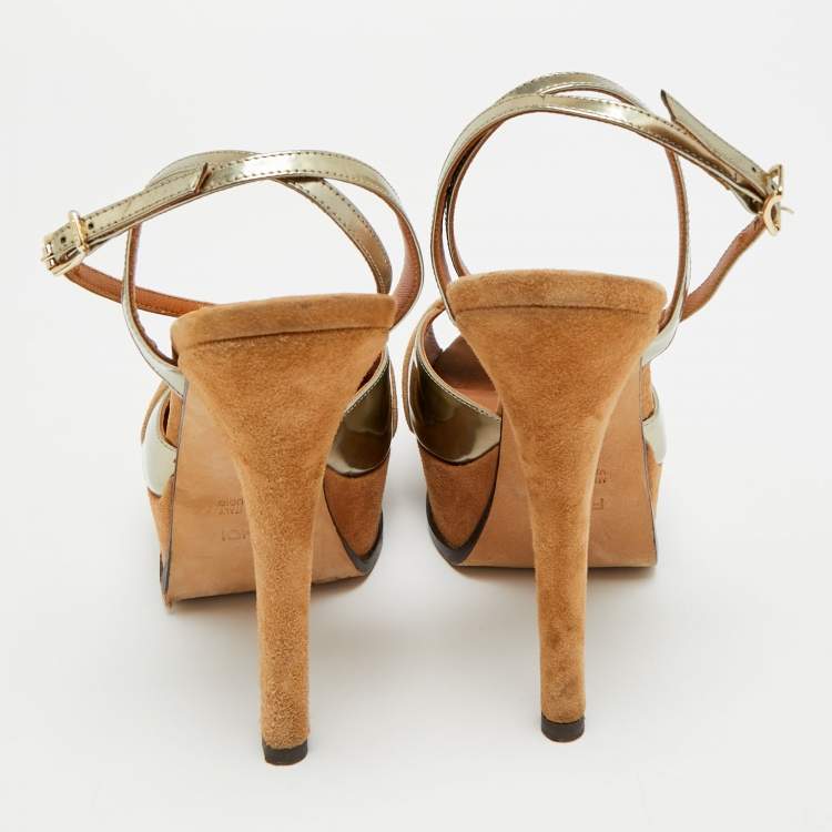 مملوكة مسبقًا Fendi Fendista Size 38 Brown/Gold Leather and Suede Ankle Strap Sandals