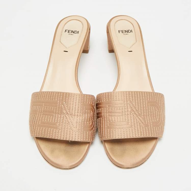 Pre Owned Fendi Size 37.5 Beige Satin Slide Logo Embroidered Block Heel Sandals