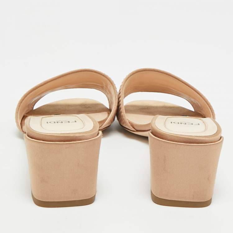 Pre Owned Fendi Size 37.5 Beige Satin Slide Logo Embroidered Block Heel Sandals