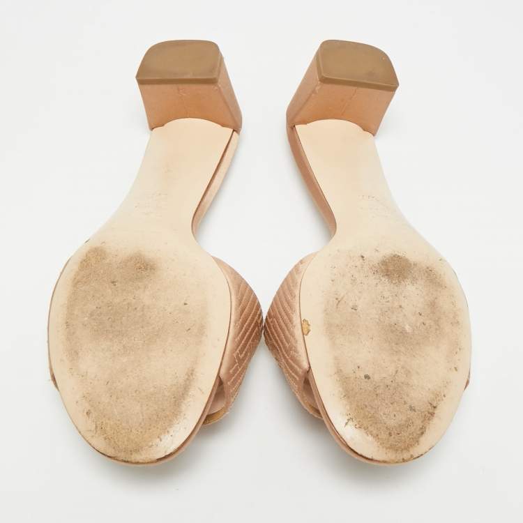 Pre Owned Fendi Size 37.5 Beige Satin Slide Logo Embroidered Block Heel Sandals
