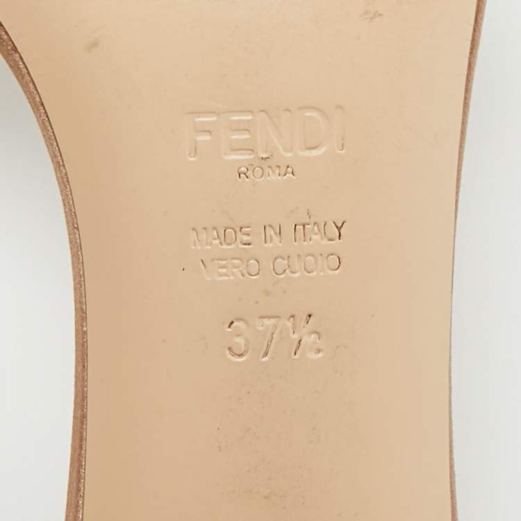Pre Owned Fendi Size 37.5 Beige Satin Slide Logo Embroidered Block Heel Sandals