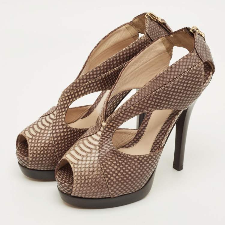 Pre Owned Fendi Size 38 Beige Python Embossed Leather Open Toe Cut Out Booties