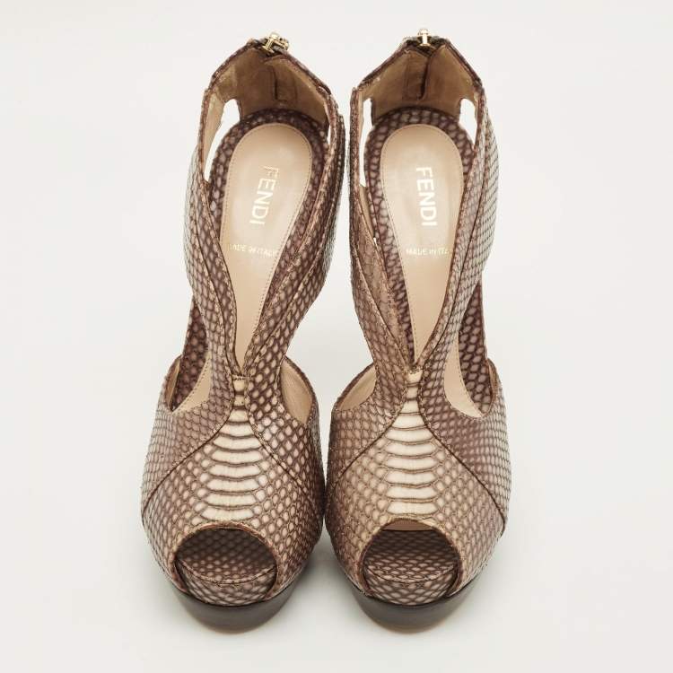 Pre Owned Fendi Size 38 Beige Python Embossed Leather Open Toe Cut Out Booties