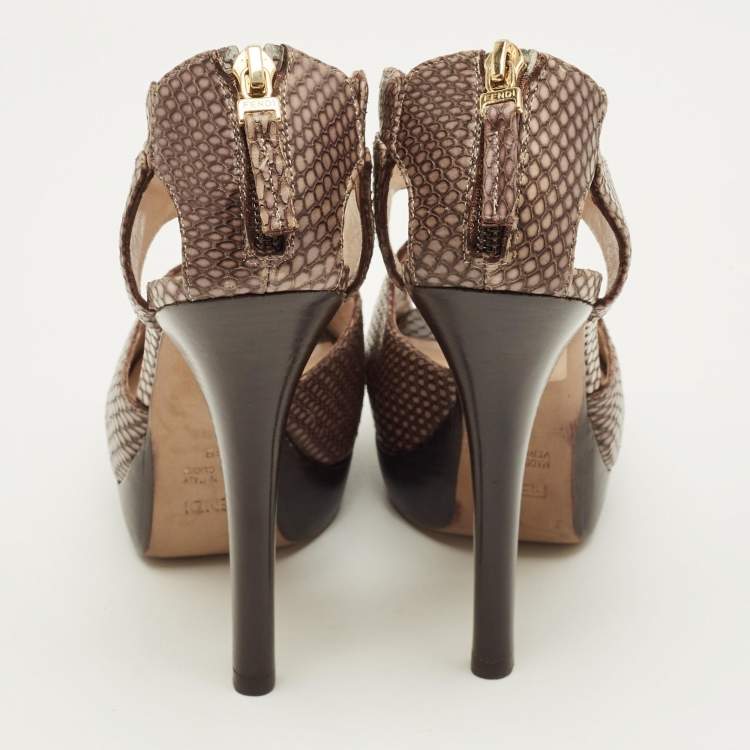 Pre Owned Fendi Size 38 Beige Python Embossed Leather Open Toe Cut Out Booties