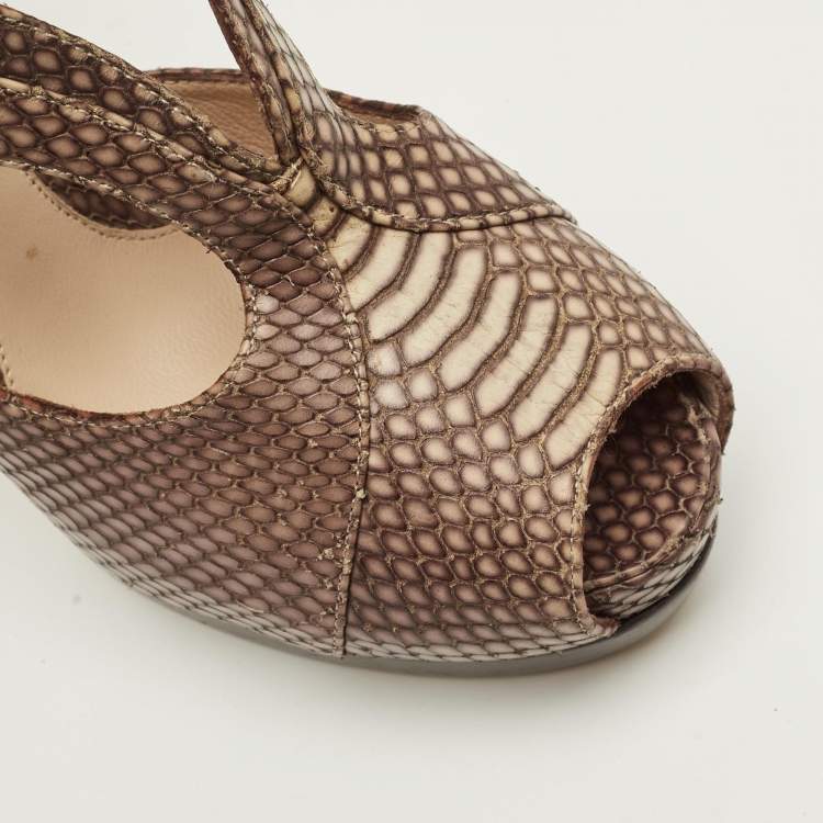 Pre Owned Fendi Size 38 Beige Python Embossed Leather Open Toe Cut Out Booties