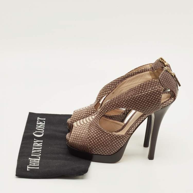 Pre Owned Fendi Size 38 Beige Python Embossed Leather Open Toe Cut Out Booties