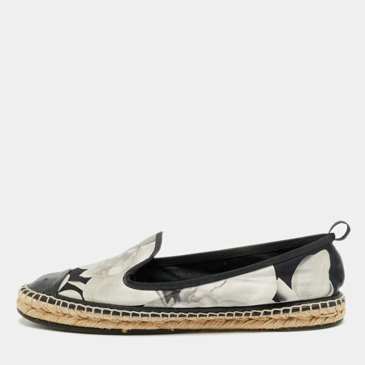 Pre Owned Fendi Size 40 Black/White Leather and Nylon Espadrille Flats