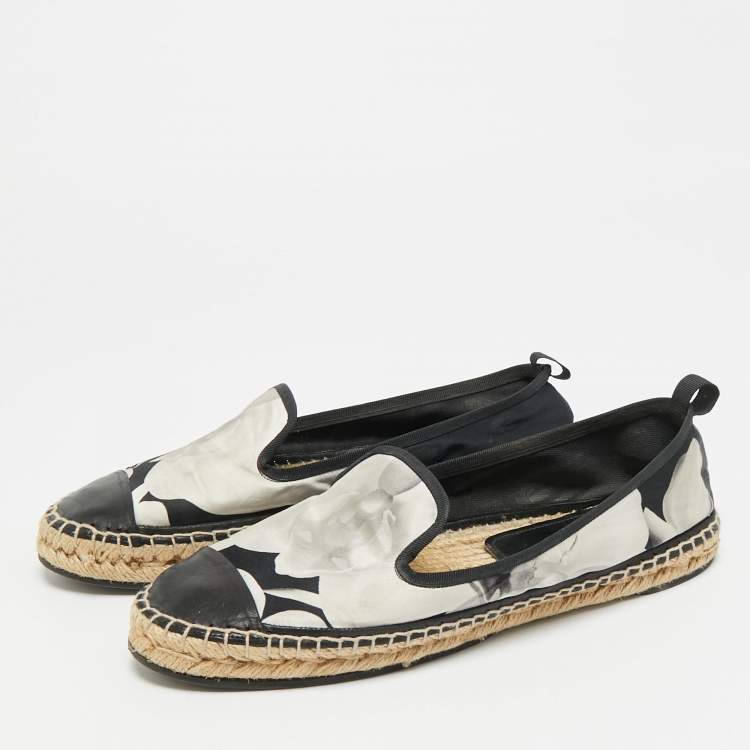 Pre Owned Fendi Size 40 Black/White Leather and Nylon Espadrille Flats