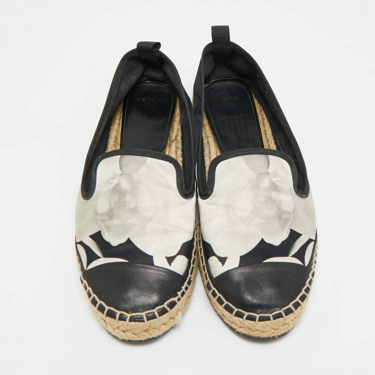 Pre Owned Fendi Size 40 Black/White Leather and Nylon Espadrille Flats