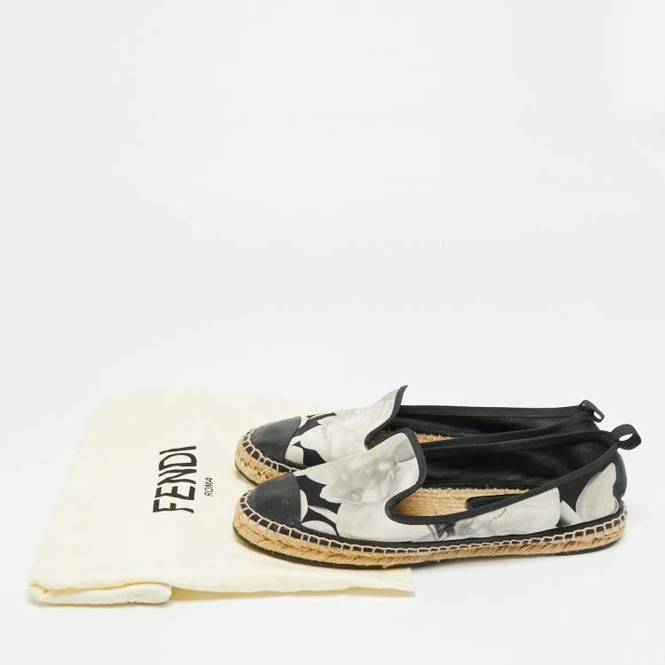 Pre Owned Fendi Size 40 Black/White Leather and Nylon Espadrille Flats