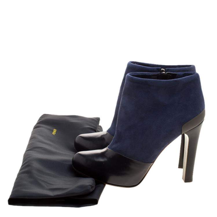 Pre Owned Fendi Navy Blue/Black Suede and Leather Ankle Boots Size 37.5