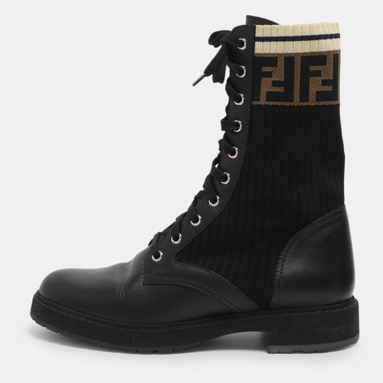 Pre Owned Fendi Rockoko Size 39 Black Leather and Zucca Stretch Fabric Combat Boots