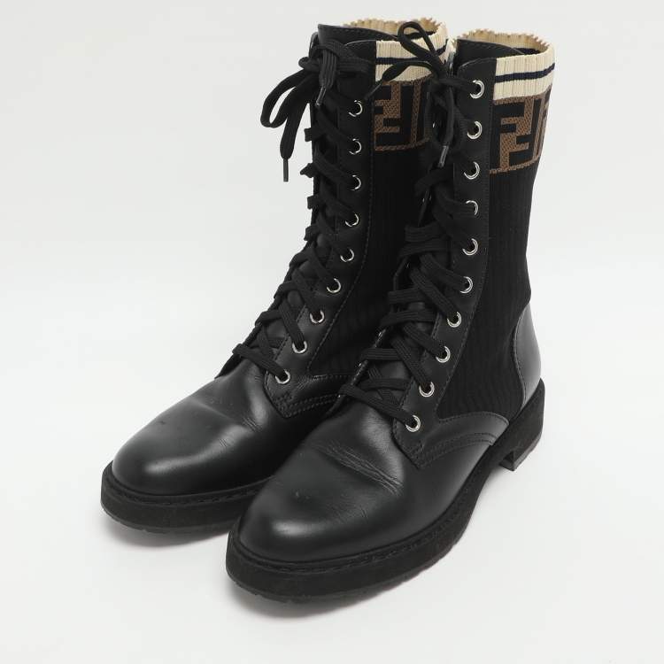 Pre Owned Fendi Rockoko Size 39 Black Leather and Zucca Stretch Fabric Combat Boots