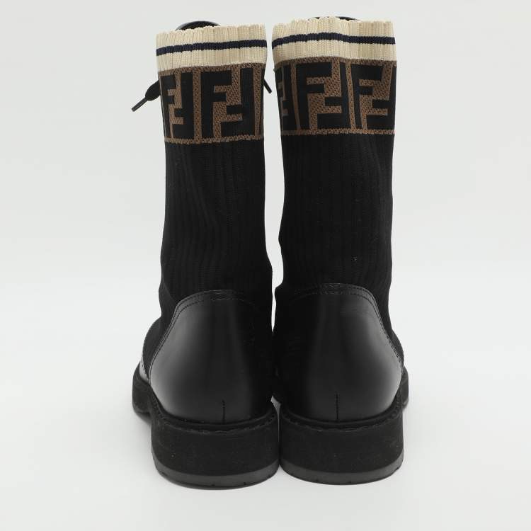 Pre Owned Fendi Rockoko Size 39 Black Leather and Zucca Stretch Fabric Combat Boots