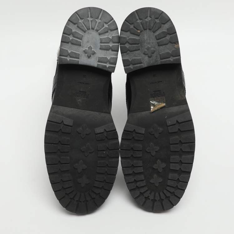 Pre Owned Fendi Rockoko Size 39 Black Leather and Zucca Stretch Fabric Combat Boots