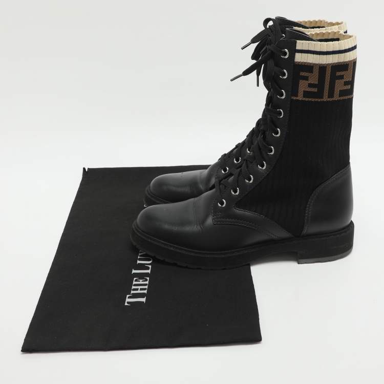Pre Owned Fendi Rockoko Size 39 Black Leather and Zucca Stretch Fabric Combat Boots