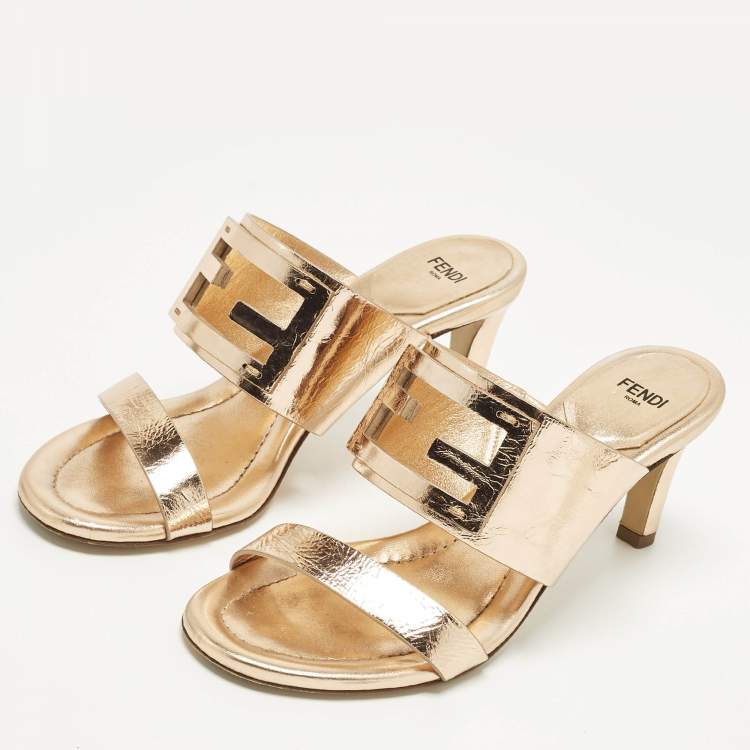 Pre Owned Fendi Baguette Size 37 Rose Gold Foil Leather Slide Sandals