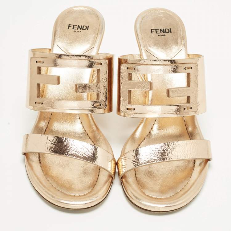 Pre Owned Fendi Baguette Size 37 Rose Gold Foil Leather Slide Sandals