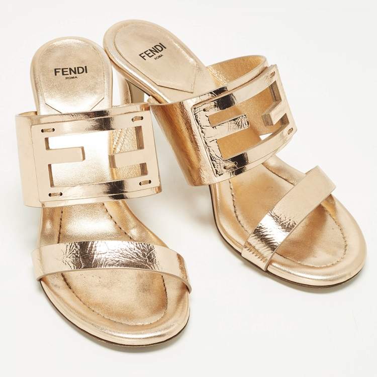 Pre Owned Fendi Baguette Size 37 Rose Gold Foil Leather Slide Sandals