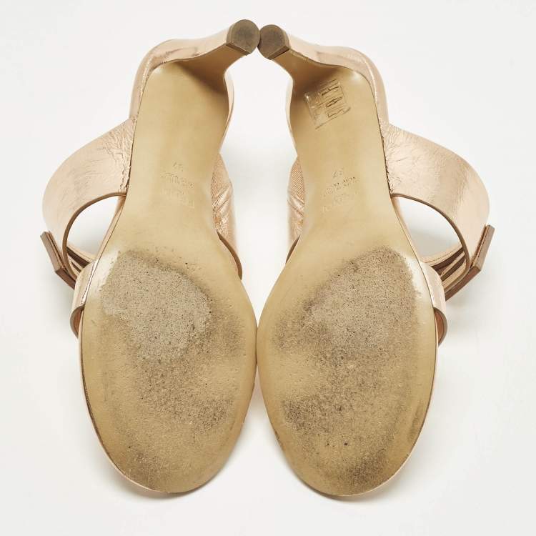 Pre Owned Fendi Baguette Size 37 Rose Gold Foil Leather Slide Sandals