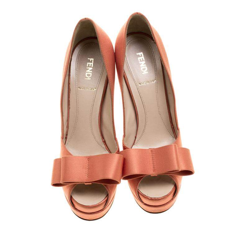 Pre Owned Fendi Orange Satin Deco Bow Platform Pumps Size 36