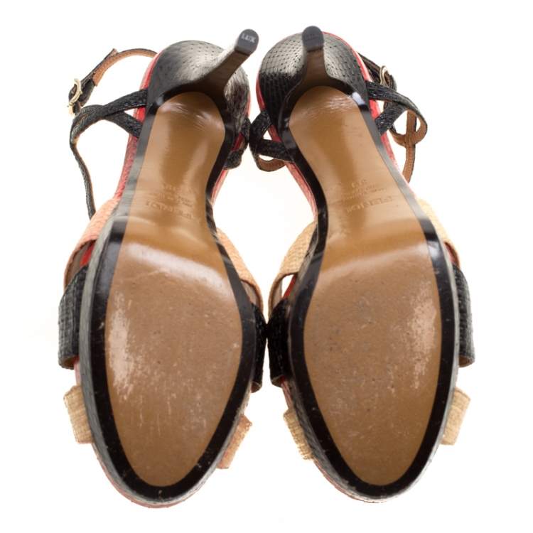 Pre Owned Fendi Tri Color Raffia and Snakeskin Strappy Slingback Platform Sandals Size 39