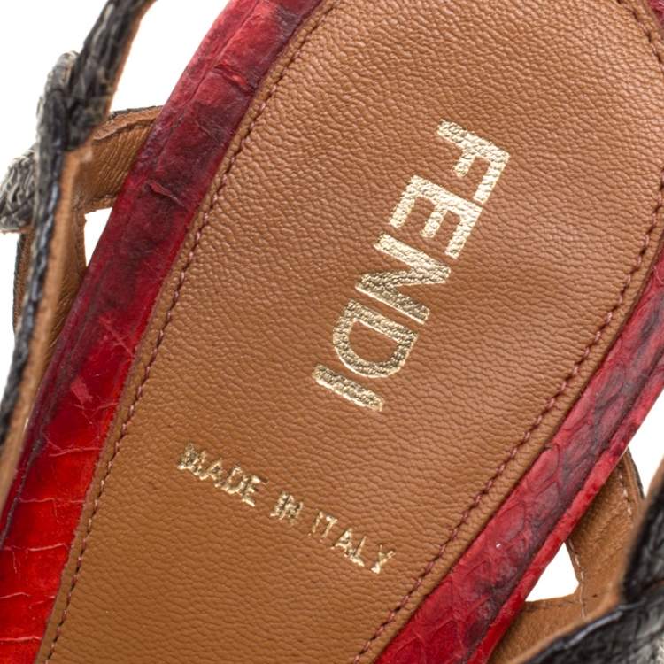 Pre Owned Fendi Tri Color Raffia and Snakeskin Strappy Slingback Platform Sandals Size 39