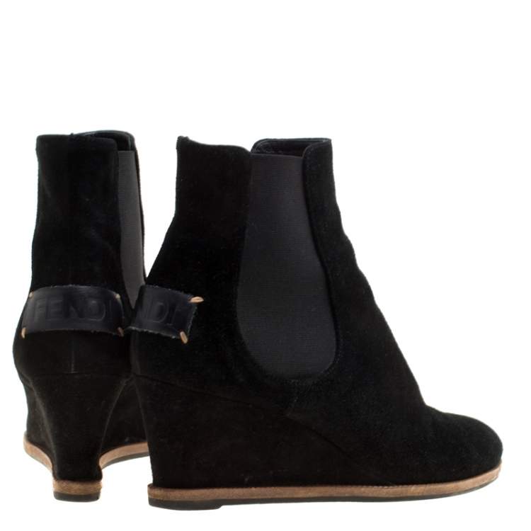 مملوكة مسبقًا Fendi Black Suede Wedge Heel Ankle Boots Size 40
