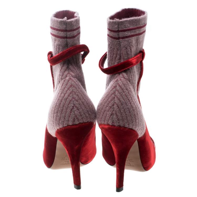 Pre Owned Fendi Red/Purple Velvet and Knitted Fabric Socks Ankle Booties Size 39