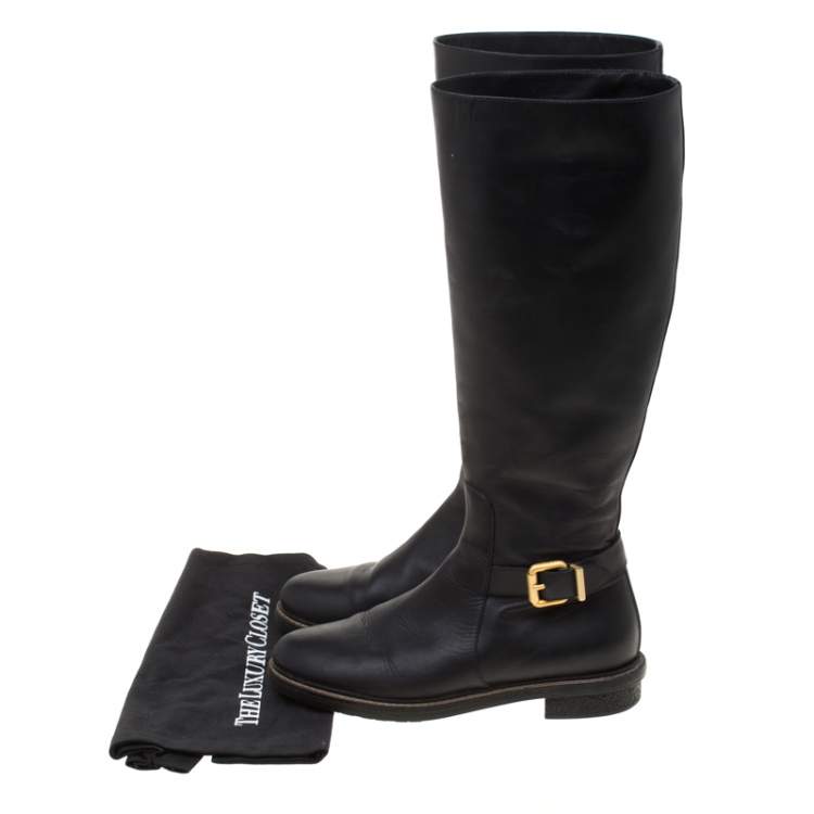 Pre Owned Fendi Black Leather Buckle Detail Knee Length Boots Size 37 