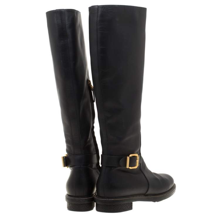 Pre Owned Fendi Black Leather Buckle Detail Knee Length Boots Size 37 