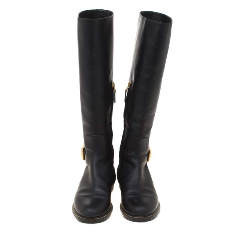 Pre Owned Fendi Black Leather Buckle Detail Knee Length Boots Size 37 