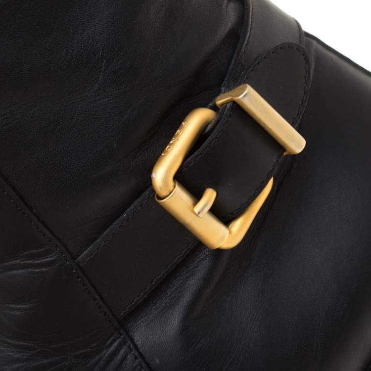 Pre Owned Fendi Black Leather Buckle Detail Knee Length Boots Size 37 