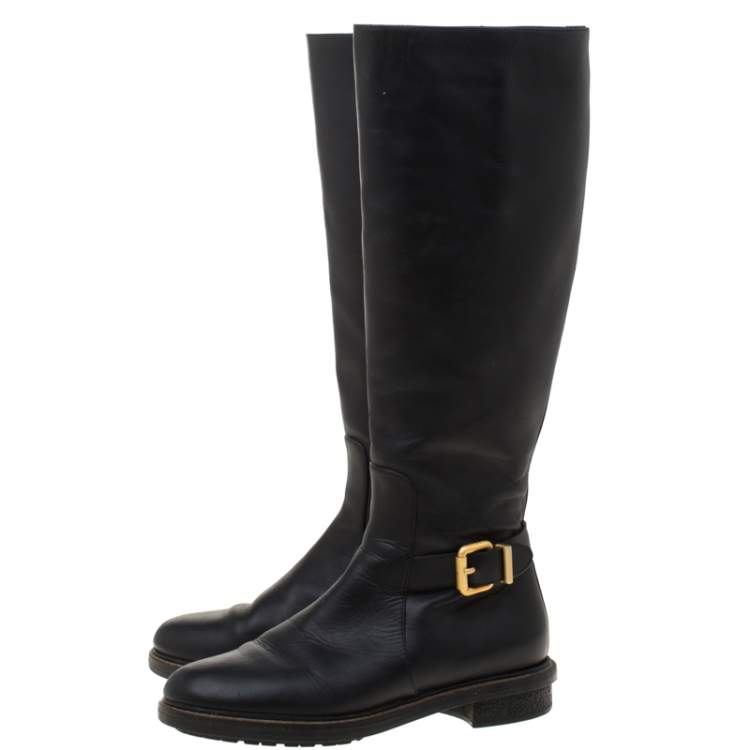 Pre Owned Fendi Black Leather Buckle Detail Knee Length Boots Size 37 