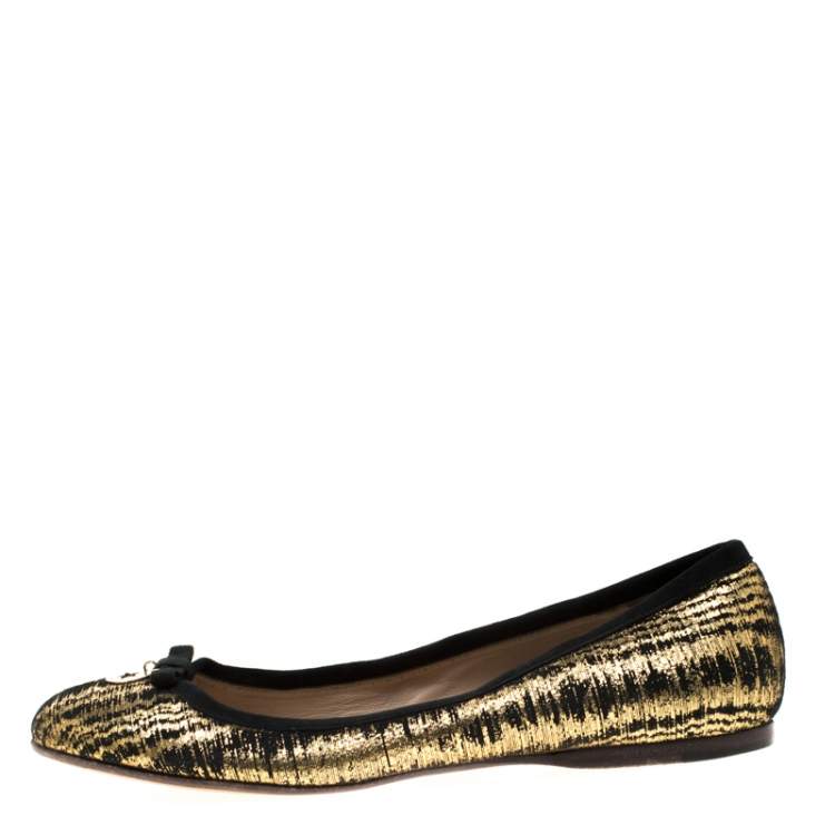 Pre Owned Fendi Metallic Black Textured Suede Bow Ballet Flats Size 38