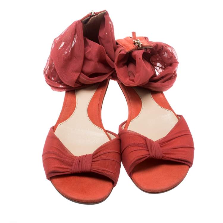 Pre Owned Fendi Orange Chiffon/Suede Wrap Flat Sandals Size 39