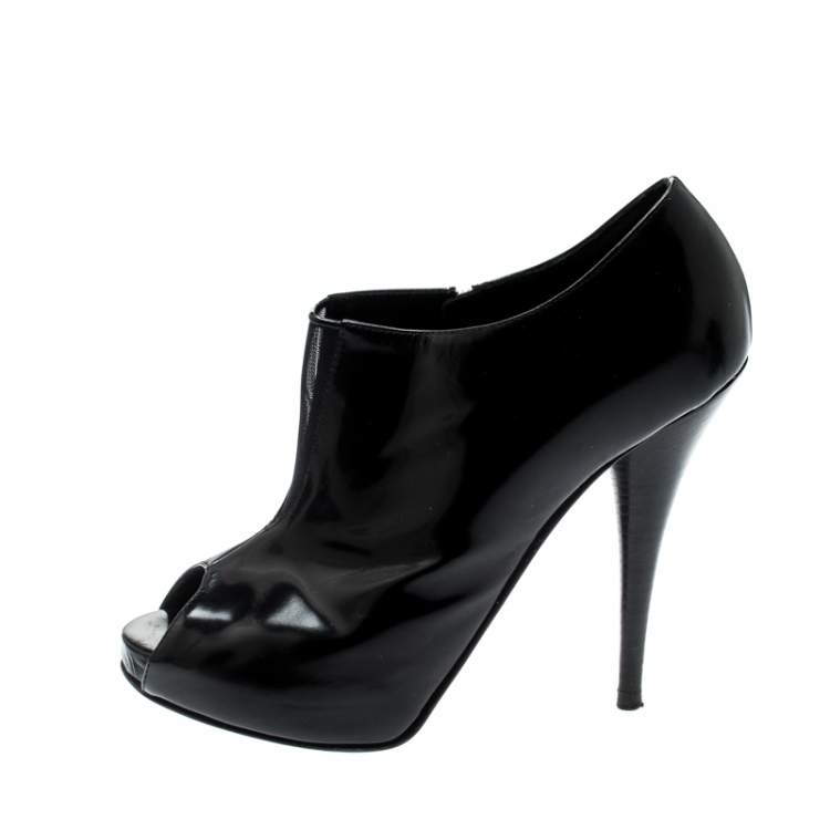 Pre Owned Fendi Black Patent Leather Peep Toe Platform Ankle Booties Size 37