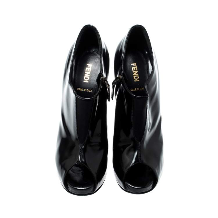 Pre Owned Fendi Black Patent Leather Peep Toe Platform Ankle Booties Size 37