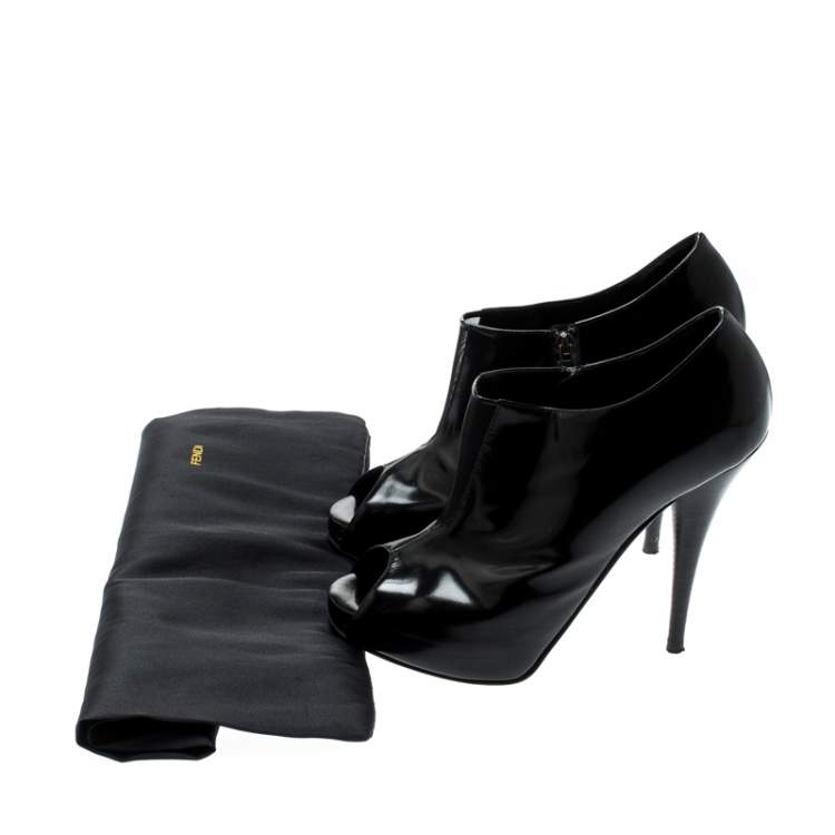 Pre Owned Fendi Black Patent Leather Peep Toe Platform Ankle Booties Size 37