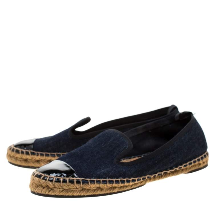 Pre Owned Fendi Indigo Dark Wash Denim Junia Patent Leather Cap Toe Espadrilles Size 37.5