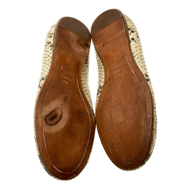 Pre Owned Fendi Beige Python Leather Bow Detail Ballet Flats Size 38