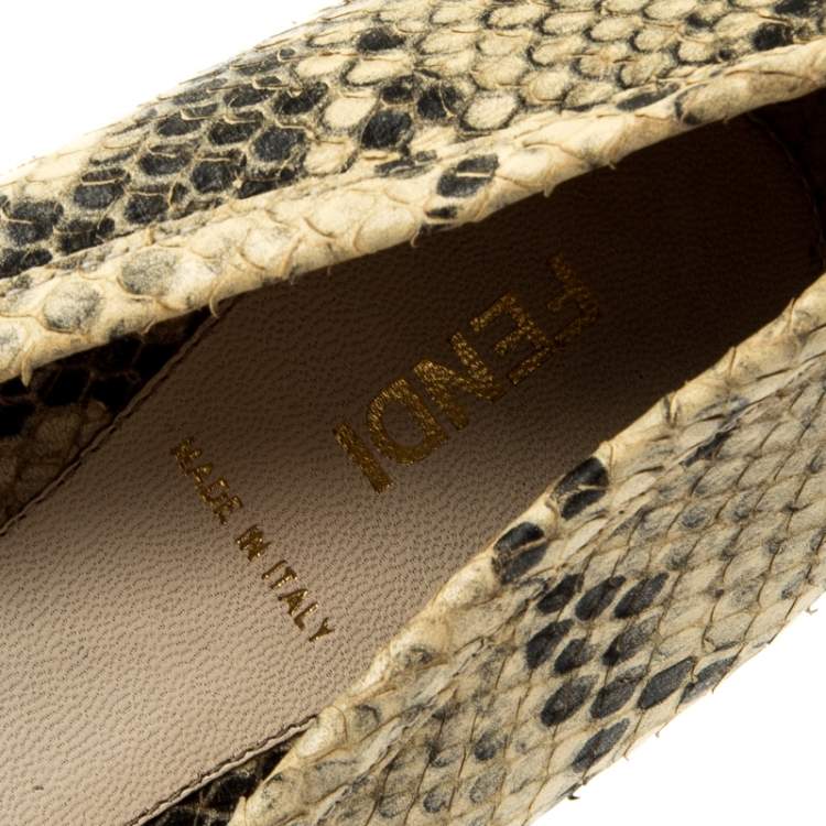 Pre Owned Fendi Beige Python Leather Bow Detail Ballet Flats Size 38