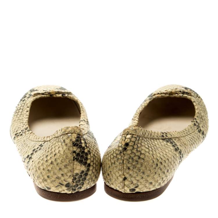 Pre Owned Fendi Beige Python Leather Bow Detail Ballet Flats Size 38
